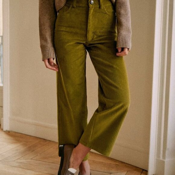 Sezane Le Crop Trousers Corduroy Meadow Green 40/ 8 (HEMMED, PLEASE SEE NOTES) - Picture 2 of 5